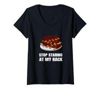 Donna Stop Staring At My Rack Grill Master BBQ Barbecue Barbecue Maglietta con Collo a V