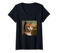 Donna Storia dell'Arte del Gatto Maglietta con Collo a V