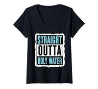 Donna Straight Outta Holy Water Christian Battesimo Uomo Ragazzo Bambini Maglietta con Collo a V