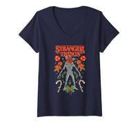 Donna Stranger Things Christmas Demogorgon, Dice, Canes & Cookies Maglietta con Collo a V