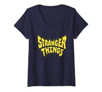 Donna Stranger Things Flame Logo Maglietta con Collo a V