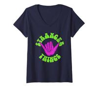 Donna Stranger Things Hang 10 Hand Maglietta con Collo a V