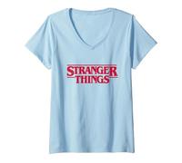 Donna Stranger Things Main Logo Maglietta con Collo a V, Celeste, XXL
