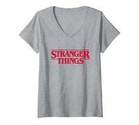 Donna Stranger Things Main Logo Maglietta con Collo a V, Grigio Melange, XXL