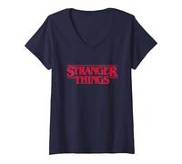 Donna Stranger Things Main Logo Maglietta con Collo a V, Navy, L