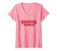 Donna Stranger Things Main Logo Maglietta con Collo a V, Rosa, S