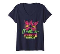Donna Stranger Things Neon Demogorgon Maglietta con Collo a V, Navy, M