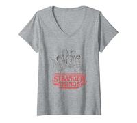 Donna Stranger Things Sketch Group Logo Maglietta con Collo a V