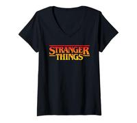 Donna Stranger Things Sunset Pixel Logo Maglietta con Collo a V