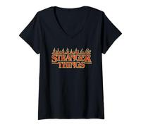 Donna Stranger Things Vintage Flaming Logo Maglietta con Collo a V