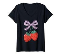 Donna Strawberries and Lavender Lace Bow - Kawaii Style Art Maglietta con Collo a V