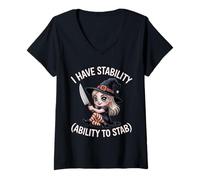 Donna Strega Divertente I Have Stability Halloween Maglietta con Collo a V