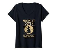 Donna Strega Flight Moon Coven estetica per Halloween Night Maglietta con Collo a V