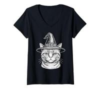 Donna Strega Grumpy Gatto Vintage Halloween Occulto Strega Maglietta con Collo a V