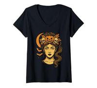Donna Strega Halloween Corona Zucca Teschi Pipistrelli Maglietta con Collo a V