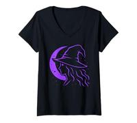 Donna Strega Halloween Luna Mistica Arte Pagana Samhain Maglietta con Collo a V