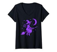 Donna Strega Halloween Luna Mistica Arte Pagana Samhain Maglietta con Collo a V
