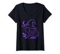 Donna Strega Halloween Luna Mistica Arte Pagana Samhain Maglietta con Collo a V