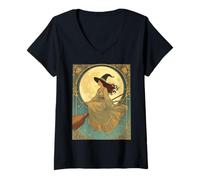 Donna Strega stilizzata e Decorativa in Stile Art Nouveau Maglietta con Collo a V