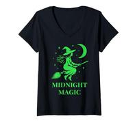 Donna Strega sulla Luna Magia Halloween e Arte mistica Maglietta con Collo a V