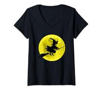 Donna Strega sulla Scopa con la Luna Piena Design per Halloween Maglietta con Collo a V