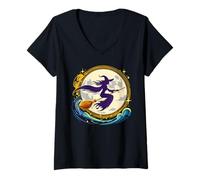 Donna Strega sulla Scopa con la Luna Piena Design per Halloween Maglietta con Collo a V