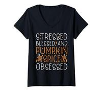 Donna Stressed Blessed And Pumpkin Spice Obsessed Maglietta con Collo a V