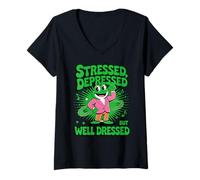 Donna Stressed Depressed But Well Dressed Funny Frog Adult Humor Maglietta con Collo a V
