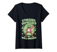 Donna Stressed Depressed But Well Dressed Funny Frog Adult Humor Maglietta con Collo a V
