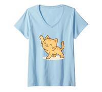 Donna Stretching Kawaii Cat. Carino Gatto Pre-Allenamento. Maglietta con Collo a V