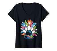Donna Strike Explosion Bowling Ball Pins Colorful Game Design Maglietta con Collo a V