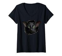 Donna Striking Black Oriental Shorthair Cat Che sbircia Attraverso Maglietta con Collo a V