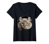 Donna Striking Highland Lynx Cat Che sbircia Attraverso Maglietta con Collo a V
