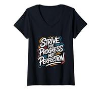Donna Strive for Progress, Not Perfection - Citazione Motivazionale Maglietta con Collo a V