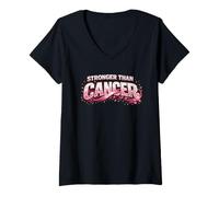 Donna Stronger Than Cancer con Nastro Rosa per Il Cancro al Seno Maglietta con Collo a V