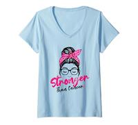 Donna Stronger Than Cancer Messy Bun Pink Warrior Support Squad Maglietta con Collo a V