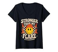 Donna Stronger Than My Flare Groovy Psoriasis Awareness Maglietta con Collo a V