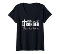 Donna Stronger Than the Storm Faith Sign Bible Verse Inspirational Maglietta con Collo a V