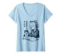 Donna Study & Chill / simpatico studente di gatti anime estetici Maglietta con Collo a V