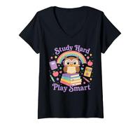 Donna Study Hard Play Smart Owl Back To School Student Maglietta con Collo a V
