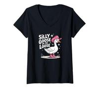 Donna Stupida Oca Sulla Sciolto Divertente Cowgirl Animale Umorismo Arte Maglietta con Collo a V