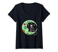 Donna Sugar Skull Cat & Moon Funny Dia de Los Muertos Day of Dead Maglietta con Collo a V