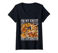 Donna Sulle mie ginocchia divertente Crab Rangoon Meme Bootleg Grafica Maglietta con Collo a V