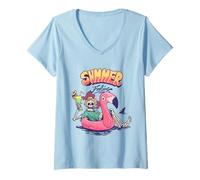 Donna Summer Feeling Skeleton Funny Tropical Beach Vibes Flamingo Maglietta con Collo a V