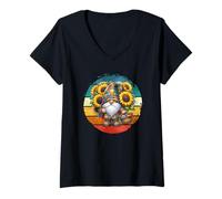 Donna Summer Gnome In Patchwork Dress On Retro Sunset Sunflower Maglietta con Collo a V