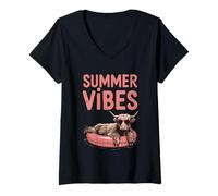 Donna Summer Vibes Cool Highland Cow Occhiali da sole Fun Maglietta con Collo a V