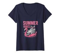 Donna Summer Vibes, divertente gattino, fenicottero, gattino, vacanza sulla spiaggia Maglietta con Collo a V