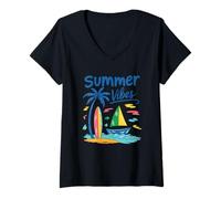 Donna Summer Vibes Palm Tree Tavola da surf Barca a vela Maglietta con Collo a V