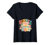 Donna Summer Vibes Retro Beach Tramonto Tropical Design Maglietta con Collo a V