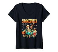 Donna Summerween Scheletro Halloween Spooky Ghost Beach Vacation Maglietta con Collo a V